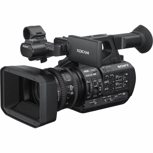 Sony 4K professional video camera with lens and side control panel, black body