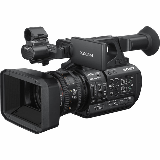 Sony 4K professional video camera with lens and side control panel, black body