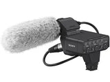 Sony XLR adapter with gray foam windscreen and camera hot-shoe mount