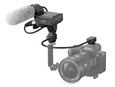 Sony XLR adapter with foam windscreen mounted on camera with connecting cable