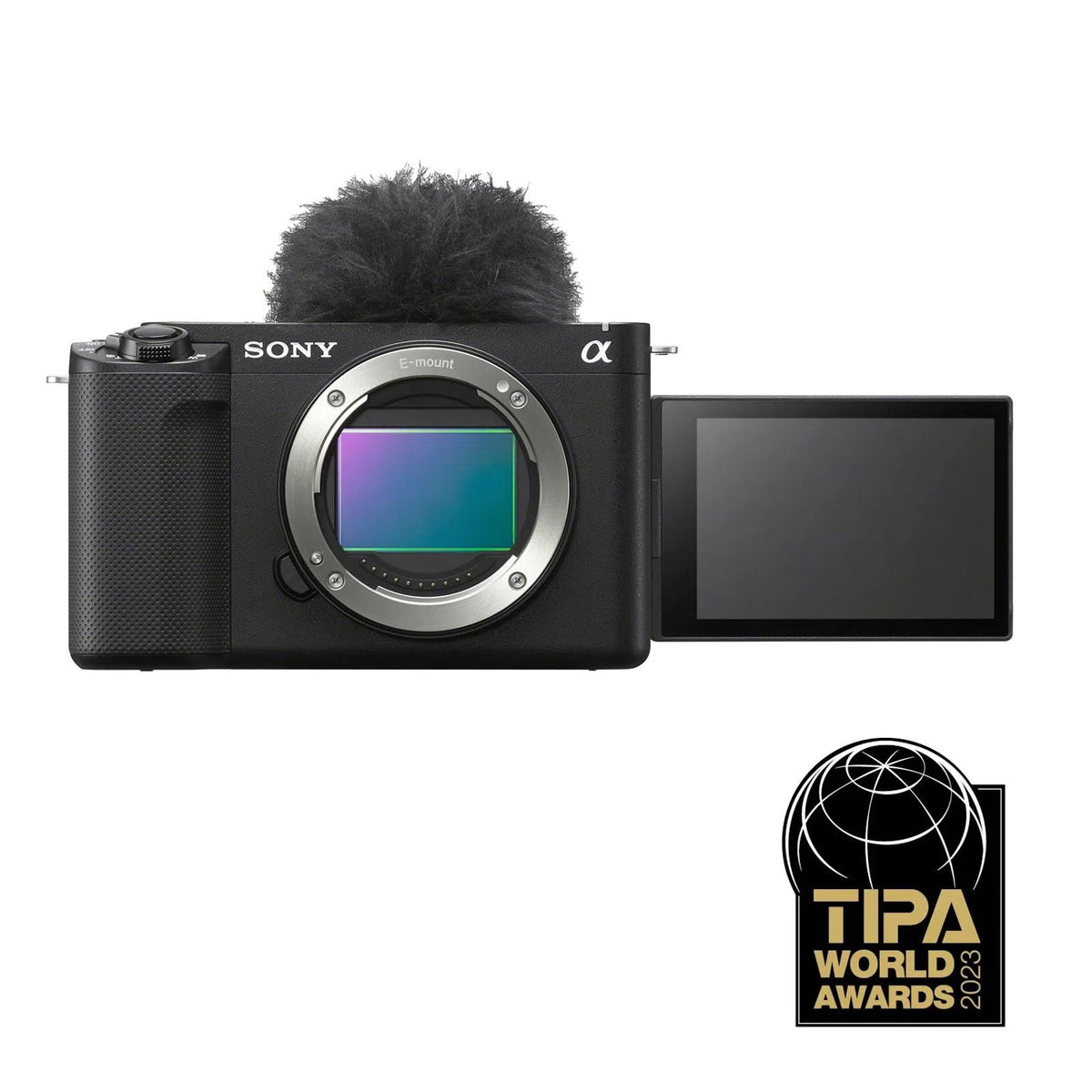 Cameră Sony ZV-E1 neagră, cu microfon tip parbriz și ecran rabatabil
