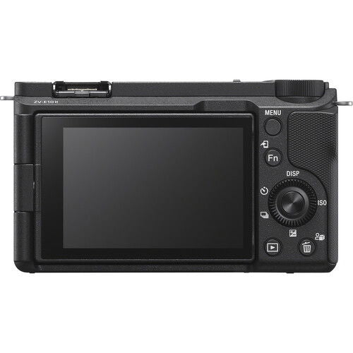 Back of black mirrorless camera body with tilting LCD and rear controls