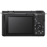 Back of black mirrorless camera body with tilting LCD and rear controls