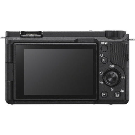 Back of black mirrorless camera body with tilting LCD and rear controls