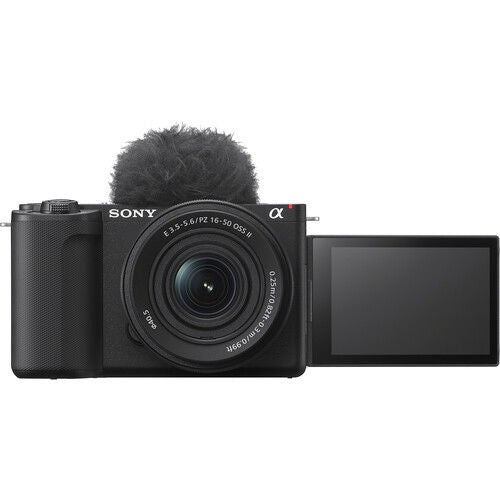 Mirrorless camera kit with 16–50mm zoom lens and flip-up screen, black