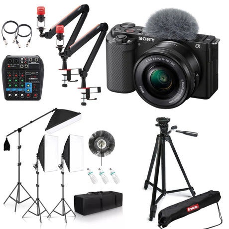 Kit podcast cu cameră Sony, reflectoare, lămpi LED și trepied