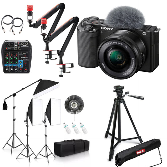 Kit podcast cu cameră Sony, reflectoare, lămpi LED și trepied