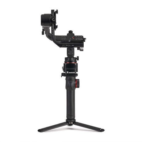 3-axis gimbal stabilizer side view, black handle grip and three-legged base