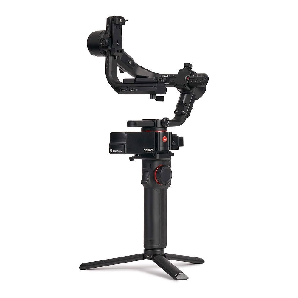 3-axis gimbal stabilizer front view, black with red accent controls and tripod feet