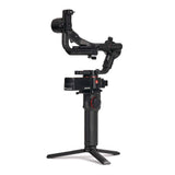 3-axis gimbal stabilizer front view, black with red accent controls and tripod feet