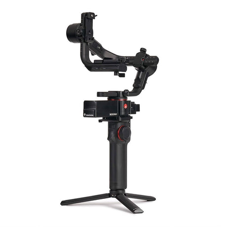 3-axis gimbal stabilizer front view, black with red accent controls and tripod feet