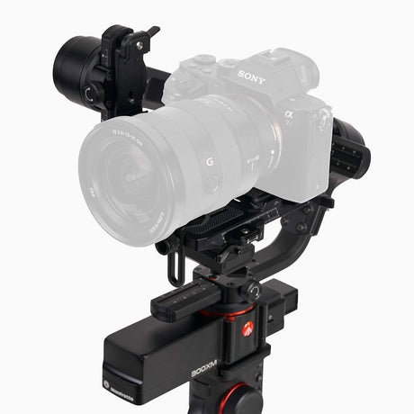 3-axis gimbal close-up with camera lens on front plate, black and red details