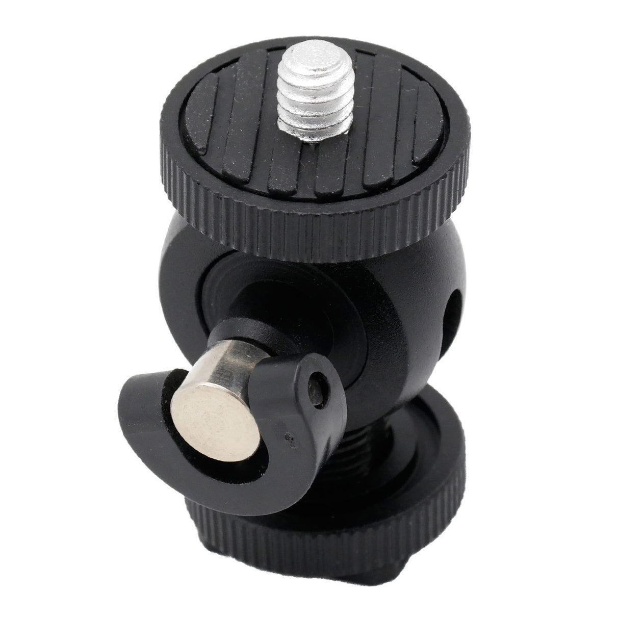 Mini tilt support angled view, black adjustment knob with silver 1/4 screw