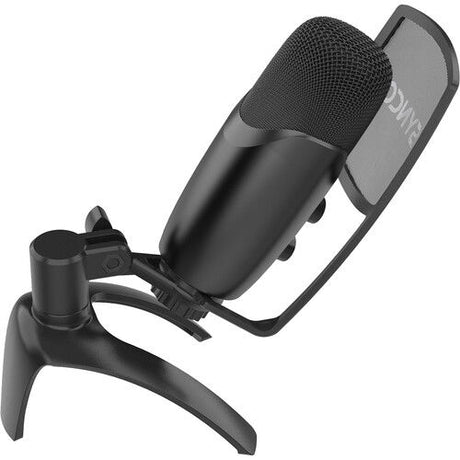 Microfon USB negru din lateral, cu grilă textilă și filtru pop