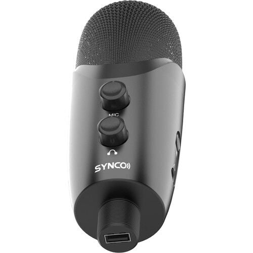 Microfon USB negru, vedere frontală cu grilă și butoane pe panou