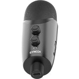 Microfon USB negru, vedere frontală cu grilă și butoane pe panou