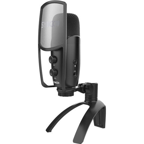 Microfon USB negru cu butoane pe panou și filtru pop
