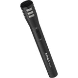Cardioid handheld microphone side view with OFF button and indicator lights