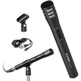 Handheld cardioid microphone with foam windscreen, clip base, and connection cable
