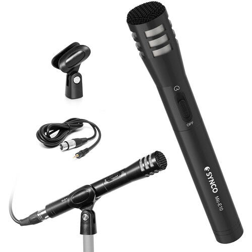 Handheld cardioid microphone with foam windscreen, clip base, and connection cable