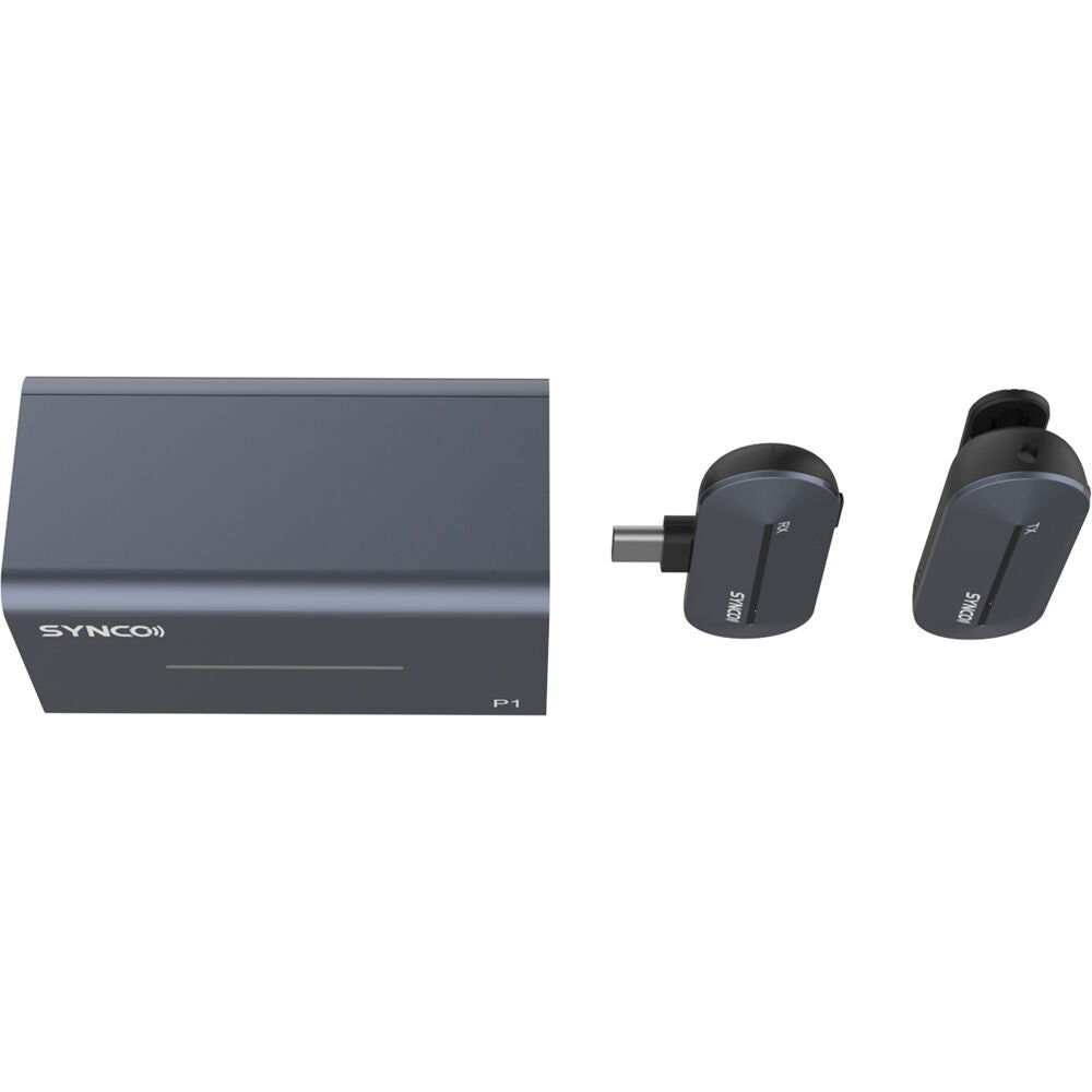 Lavalieră wireless: emițător P1 și două receptoare, una cu carcasă neagră.