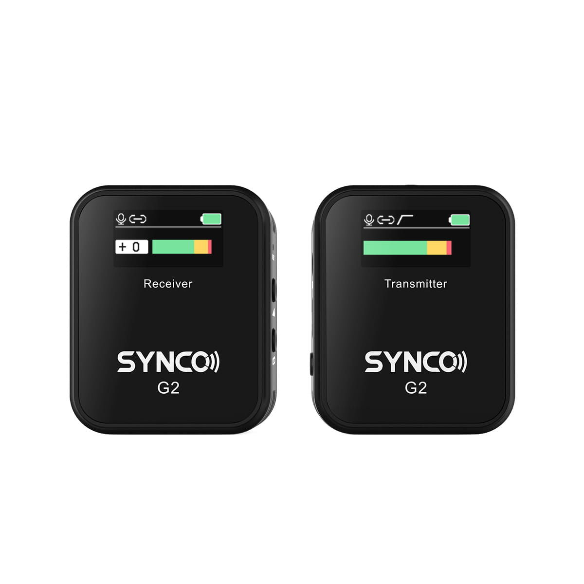 Wireless lavalier mic receiver and transmitter units side-by-side, black cases