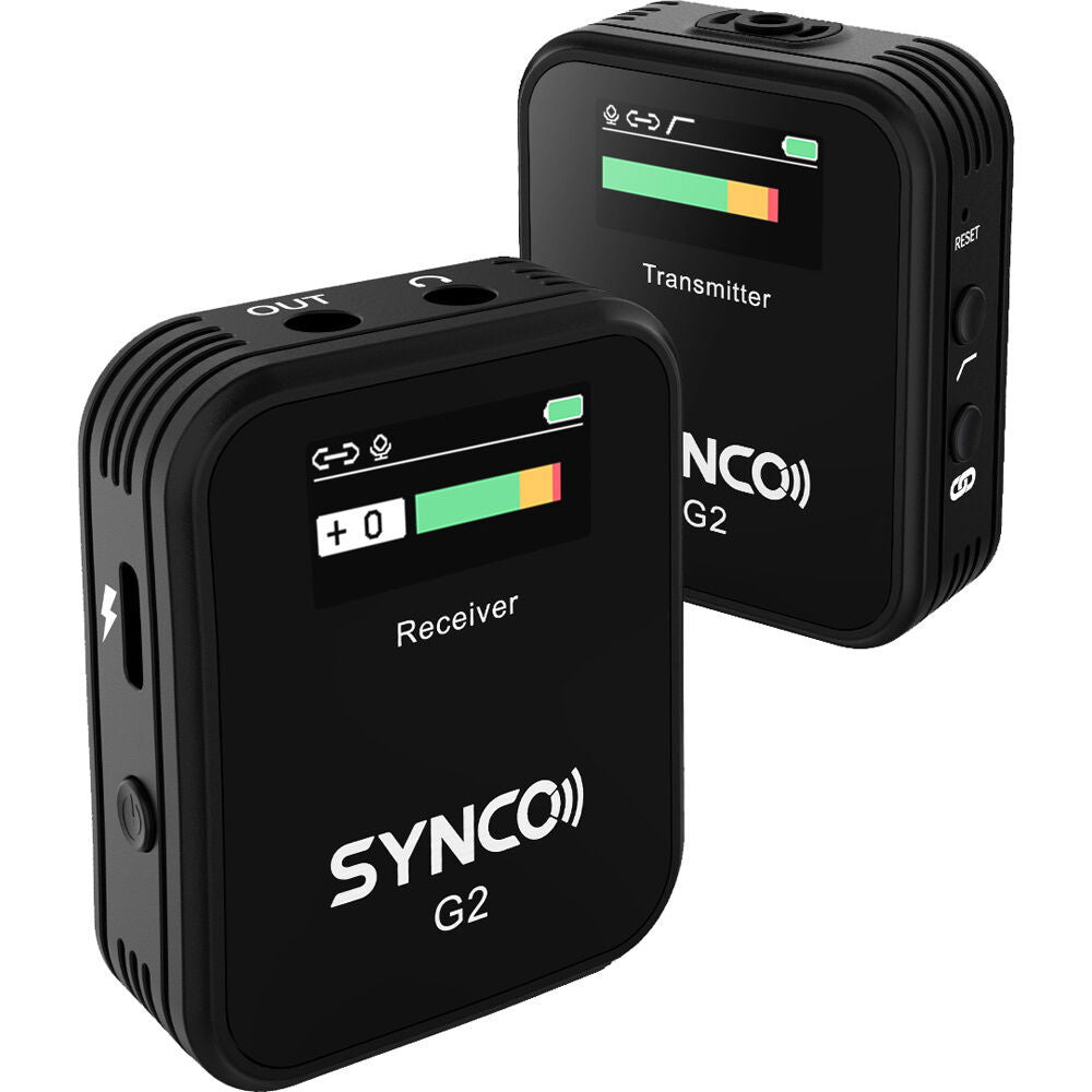 Black wireless lavalier mic receiver and transmitter close-up with screens on