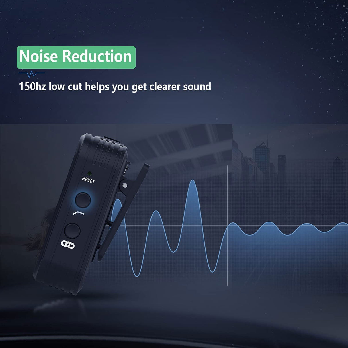 Black wireless lavalier mic transmitter with RESET and side control buttons