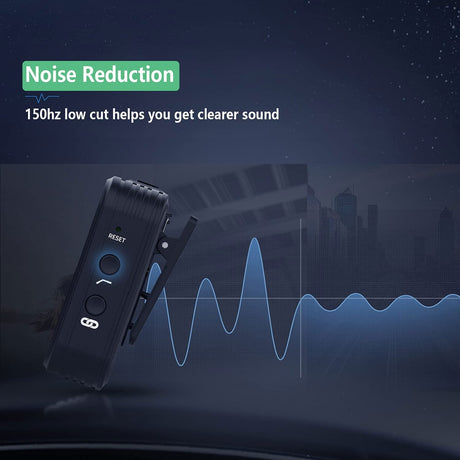 Black wireless lavalier mic transmitter with RESET and side control buttons