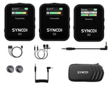 Wireless dual lavalier mic kit: receiver, 2 transmitters, cables, foam windscreens, case