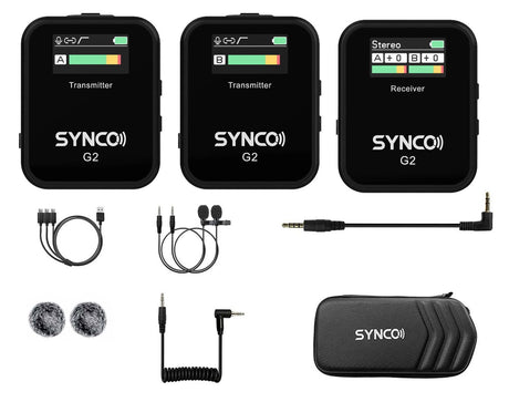 Wireless dual lavalier mic kit: receiver, 2 transmitters, cables, foam windscreens, case