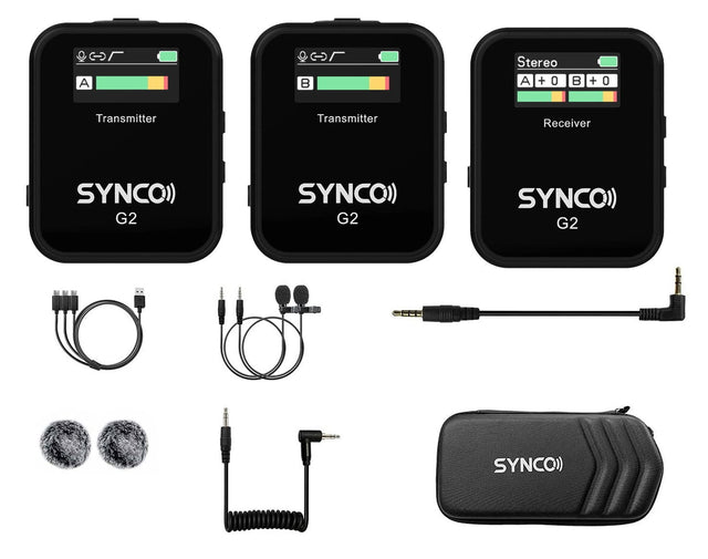 Wireless dual lavalier mic kit: receiver, 2 transmitters, cables, foam windscreens, case