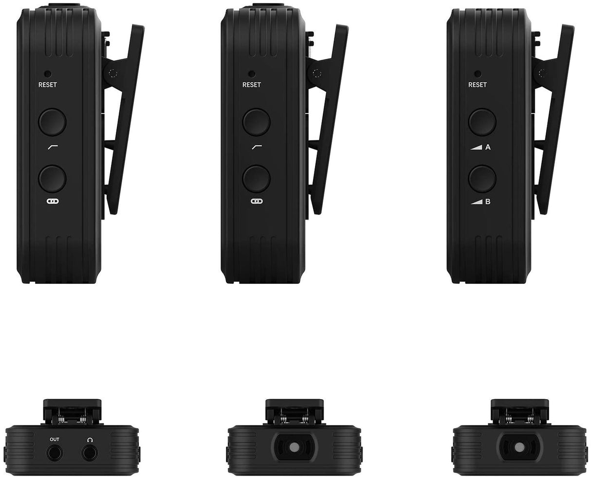 Side and back views of wireless lavalier units: buttons and audio/output ports