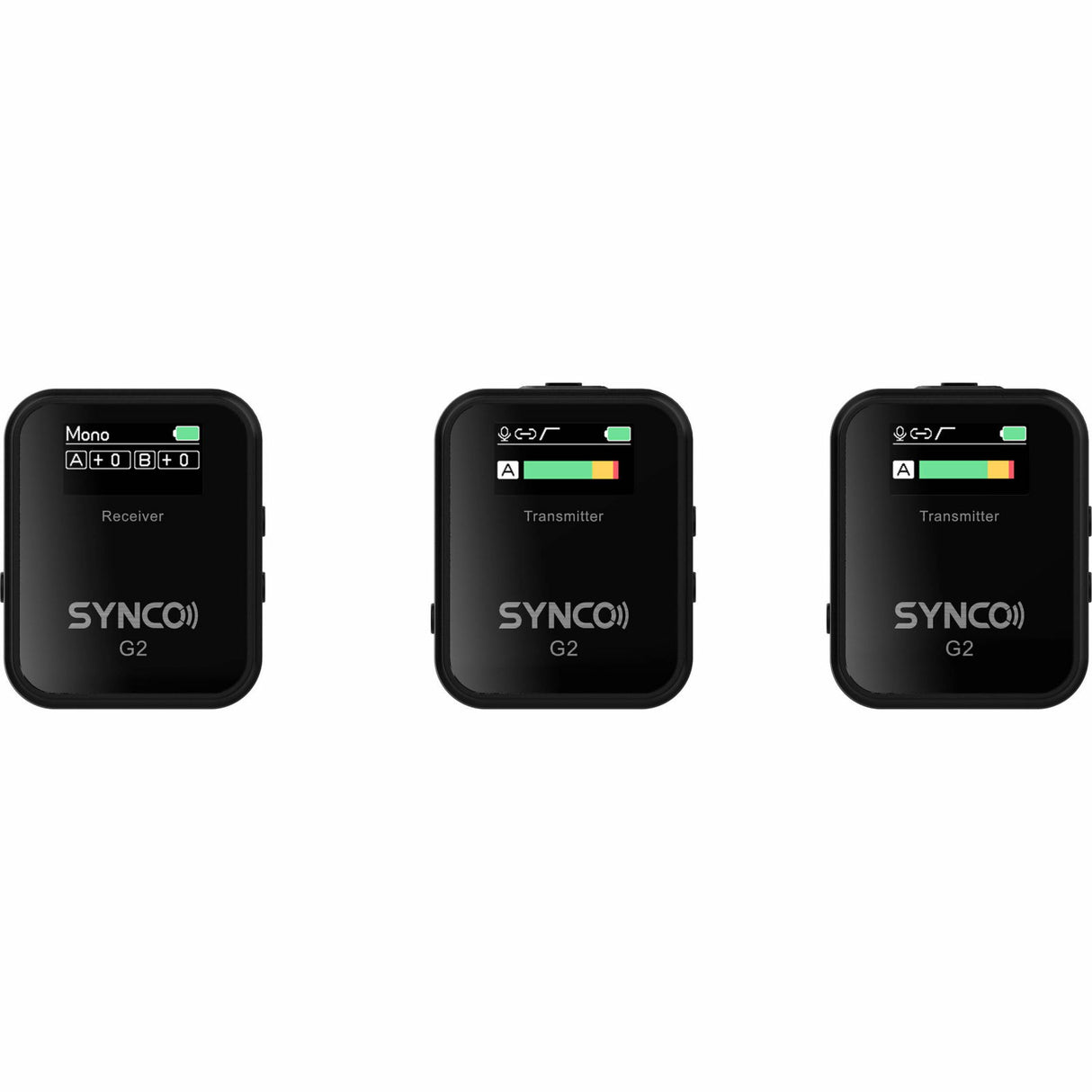 Wireless lavalier mic receiver (mono) and transmitters with A and B channel screens