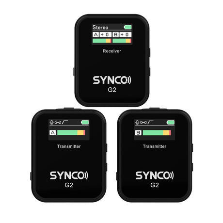 Wireless lavalier mic receiver and two transmitters with front display panels