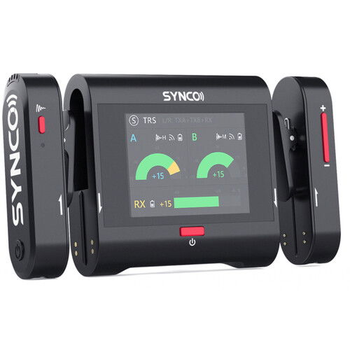 Dual wireless lavalier receiver with LCD screen and side antennas, black
