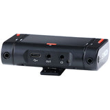 Dual wireless lavalier receiver rear with OUT jack, earphone icon, USB port