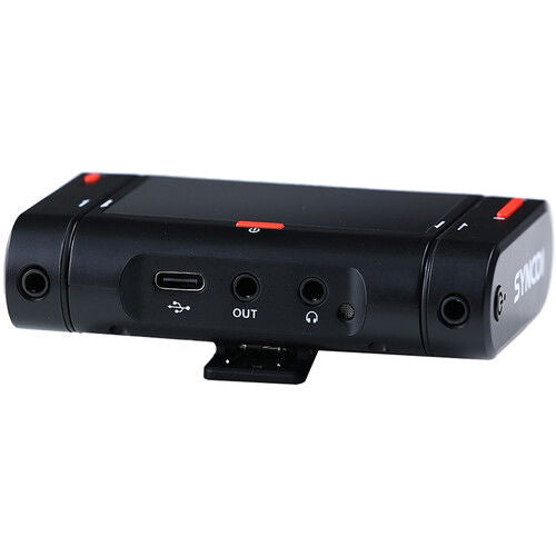 Dual wireless lavalier receiver rear ports, including OUT, audio jack, and USB