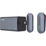 Wireless lavalier mic receiver with clip-on transmitters, side and front details