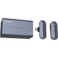 Dark gray wireless lavalier mic receiver and transmitter modules, side view