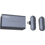 Dark gray wireless lavalier mic receiver and transmitter modules, side view