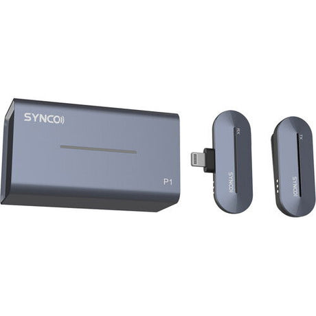 Dark gray wireless lavalier mic receiver and transmitter modules, side view