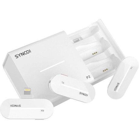 Set microfon lavalier wireless P2L: cutie de încărcare și emițător/receiver alb