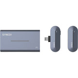 Dark gray wireless lavalier mic receiver with two transmitter units, front view