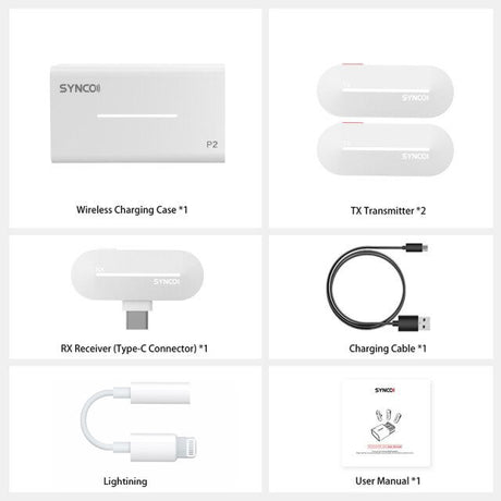 Accesorii P2L: cutie de încărcare, TX, RX Type‑C, cablu de încărcare, manual