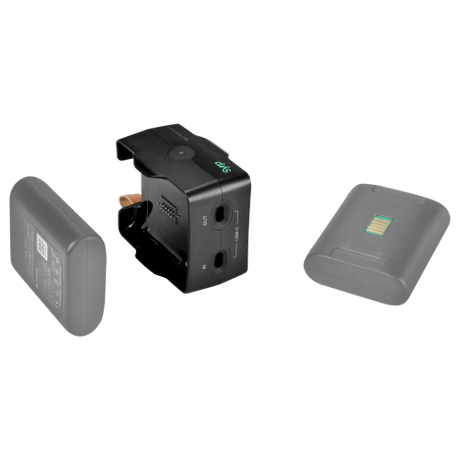 Portable battery charger kit showing unit with two protective end covers and port module