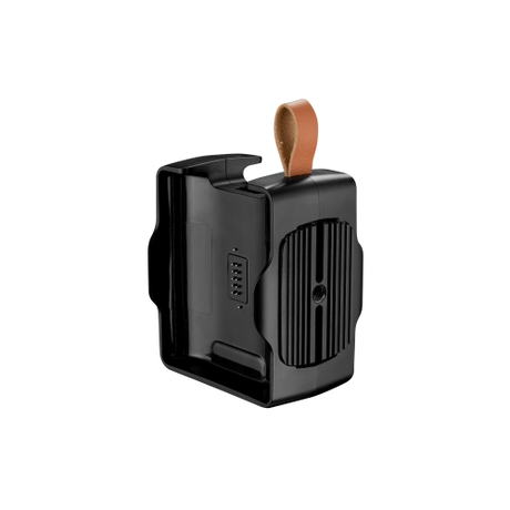 Portable battery charger side view with vented grill and leather strap loop