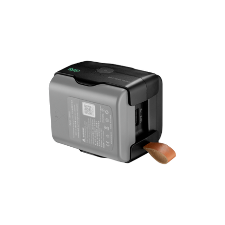 Portable battery charger rear label panel with attached strap and vented base