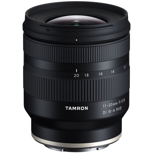 11-20mm F/2.8 ultrawide zoom lens for Sony E, front-left view with textured barrel