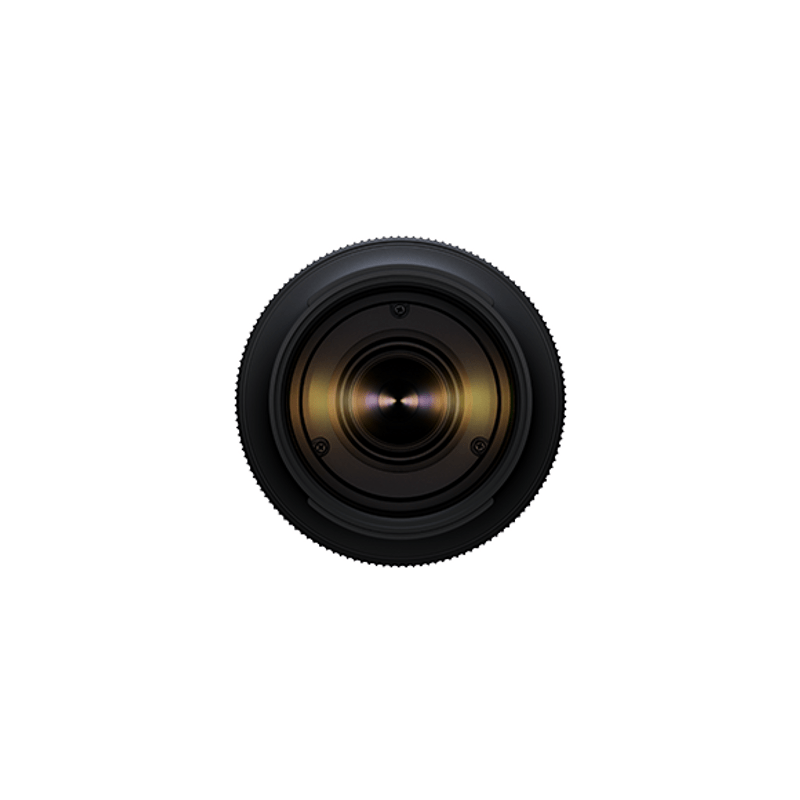 Front view of black telephoto zoom lens with glass element and lens hood ring